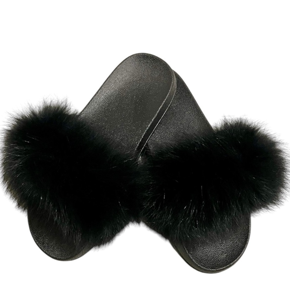 Belle Amies Woman’s Rubber Slides w/ REAL FOX Trim -Black-NWT-Size 42/43 - US10